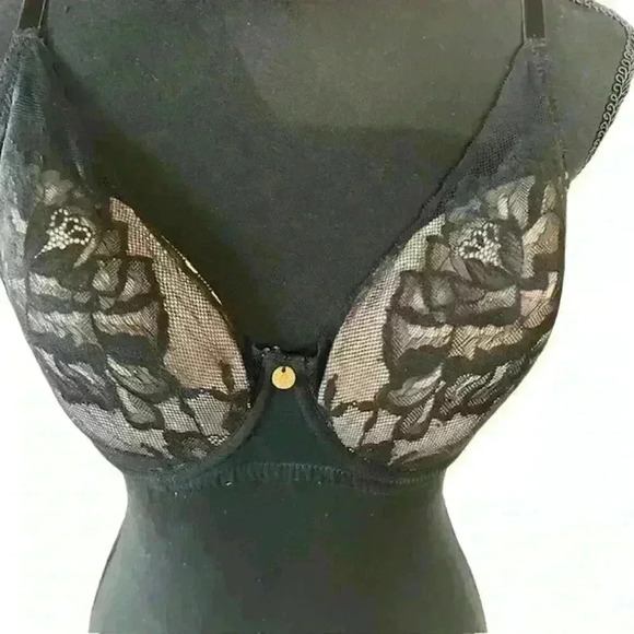 Natori Flora Contour Bra Underwire Black Nude Mesh Lace Lightly Lined, Size 34DD - Picture 2 of 4